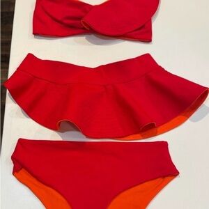 Vibrant Red Ruffles  3 -Piece Bikini Set with Orange Lining EUC size Medium